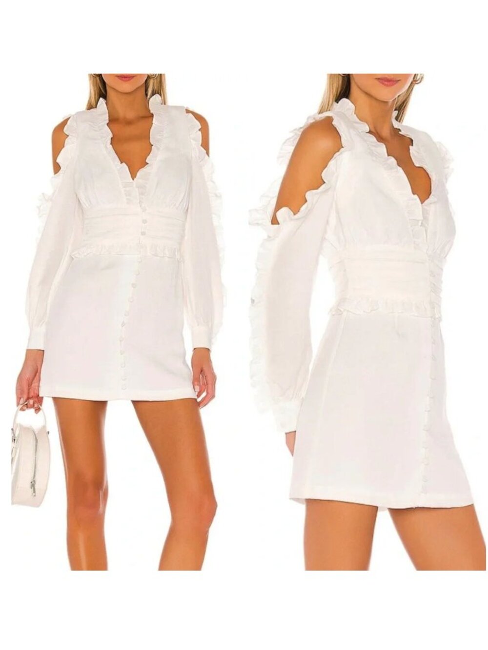 L'Academie White Ruffle the alexis mini tunic Dress cold shoulder tuxedo revolve